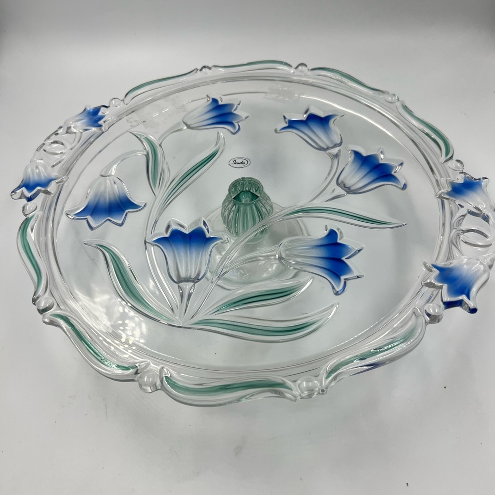 Vintage Studio Silversmiths 13” Pedestal Crystal Cake Plate Floral  Blue Green